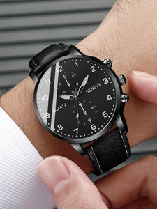 192039 5pcs/set Men's <b>Black</b> Leather Strap Quartz <b>Watch</b> Business and Fashionable Wristwatch With Woven Pu Leather Bracelet - Product Image 3