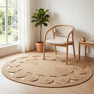 Tapis de salle à manger rond en jute tressé de designer avec des anneaux colorés - Product Image 2