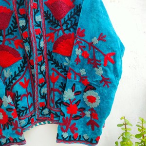 Handcrafted Turquoise Blue Velvet Breathable <b>Quilted</b> Women's Premium Suzani Kashmiri Embroidered Winter Wear Jacket Floral - Product Image 4