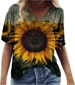 Camiseta de algodón de manga corta estilo casual retro para mujer, ajustada, con estampado de girasoles, transpirable, de punto, con cuello en V, ideal para el verano. - Product Image 1
