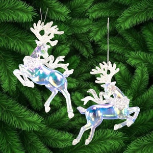 Christmas New Year Holiday Hanging Decoration Champagne Gold <b>Light</b> Gold White w/Sparkle Silver Glitter Acrylic <b>Reindeer</b> Ornament - Product Image 4