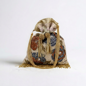 AL MALIK CRAFT - Bolsa de Algodón Hecha a Mano con Bordado, Diseño Floral Dorado, Borla de Perlas, Cordón Ajustable, Bolsa de Boda Personalizada - Product Image 3
