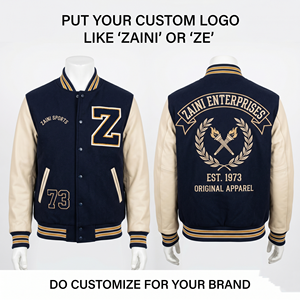 Veste varsity en polyester satiné premium 220 GSM, corps marron, manches raglan noires, col, poignets et ceinture en tricot côtelé, fermeture éclair intégrale. - Product Image 1