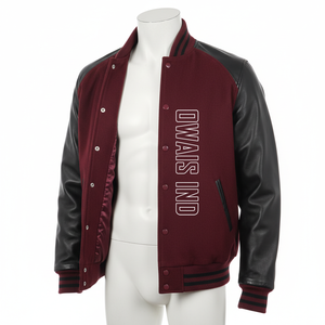 Chaqueta Varsity Marrón para Hombre con Mangas de PU Negras, Bordado 99 y Logotipo Frontal Owais Ind, Estilo Preppy, Cuello Camisero - Product Image 4