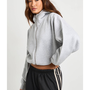 Veste à capuche zippée pour femme, personnalisable en gros, 230 GSM, en pur coton, coupe courte, double couche, épaules tombantes, impression sérigraphique, style streetwear - Product Image 5