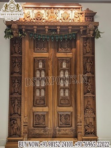 Puerta de Madera de Teca Tallada a Mano, Tradicional y Profesional, con Motivos de Elefantes y Leones, para Entrada de Sala de Pooja, Estilo Real - Product Image 4