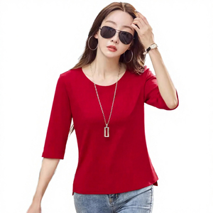 Camiseta de Verano para Mujer, Cuello Redondo, Estilo Coreano, 100% Algodón Jersey, Manga Corta, Color Sólido, Transpirable, Secado Rápido, Ecológica - Product Image 2