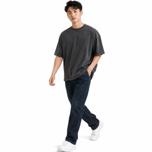 เสื้อยืดคอกลมแขนสั้นทรงโอเวอร์ไซส์สำหรับผู้ชาย ผ้าคอตตอนเจอร์ซีย์สีพื้น ทรงลำลอง ความยาวปกติ ผ้าถักย้อมสีเรียบ - Product Image 2