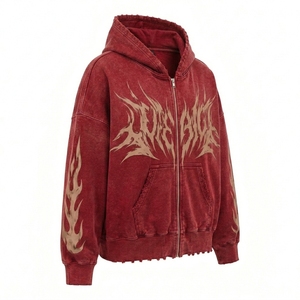 Red Distressed <b>Zip</b> <b>Up</b> <b>Hoodie</b> Men Oversized Streetwear <b>Graphic</b> Fleece Sweatshirt Custom Casual Fashion Jacket - Product Image 3
