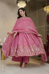 Conjunto de vestido de manga larga bordado con lentejuelas de seda suaves y crujientes, con pantalón palazzo forrado y dupatta a juego GW 6138 - Product Image 4
