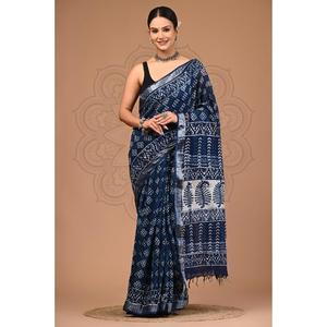 Sari de Lino Estampado de Buena Calidad con Blusa de Lino Suave para Mujer, Tela Cómoda y Transpirable para Uso Diario y Estilo Tradicional - Product Image 3