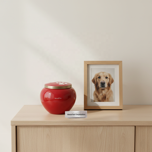 Urna para Mascotas de Cerámica Roja Brillante con Tapa Elegante con Borde Dorado, Huellas de Patas Blancas, Tamaño Compacto, Urna Metálica para Cenizas de Mascotas Odyssey - Product Image 3