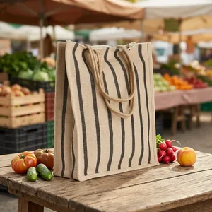 Sac fourre-tout en jute à imprimé géométrique de qualité supérieure, réutilisable et durable, idéal pour le bureau, les déjeuners, le quotidien, les courses et le commerce de détail. - Product Image 4