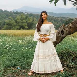 Womens Boho Off Shoulder Crop Top <b>Long</b> <b>Skirt</b> Set Summer White Lace Two Piece Maxi Dress Outfit - Product Image 1