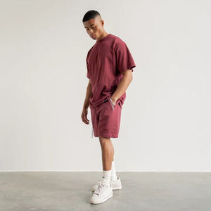 Men's Maroon T-Shirt And Shorts <b>Set</b> Two Piece Oversized Crewneck Tee With Matching Shorts Casual Activewear Lounge Wear - Product Image 5