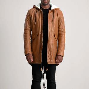 Men's Genuine <b>Leather</b> Hooded <b>Long</b> <b>Jacket</b> with Faux Fur Lining Zipper Closure Windproof Winter Casual Wear Plain Dyed Front - Product Image 5