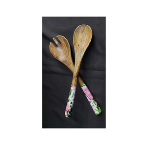 Eco-Friendly Wooden Salad <b>Tools</b> Serving Set with Spoon & Fork Blue-White Floral Pattern Handles Dishwasher <b>Safe</b> - Product Image 2