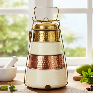 Engraved brass tiffin <b>box</b>, 3 tier embossed floral lunch <b>box</b>, golden traditional metallic food carrier, at wholesale prices. - Product Image 6