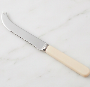 Cuchillo para Queso de Acero Inoxidable con Hoja Curva Dentada y Mango de Plástico Blanco Marfil, Herramienta Duradera para Queso - Product Image 1