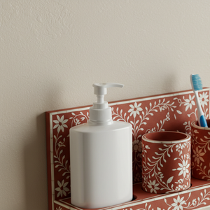 Handcrafted Floral Bone Inlay Bathroom Organizer Set Terracotta & White Wall-Mounted Vanity <b>Shelf</b> - Product Image 3