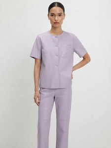 Camisa de Cuero para Mujer con Logotipo Personalizado, Camisa de Moda de Cuero Genuino de Oveja, Manga Corta, Cierre de Botones, Blusa Casual de Lujo, Fabricante - Product Image 5