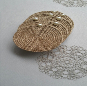 Spiral-coiled jute rope <b>coasters</b> with <b>beaded</b> outer rims, shown in natural tan and turquoise variants, at wholesale prices. - Product Image 3