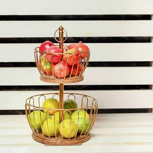 Panier à fruits et légumes rond à 2 niveaux en métal et en bois pour la cuisine et la maison, organisateur de rangement multi-niveaux pour comptoir - Product Image 5