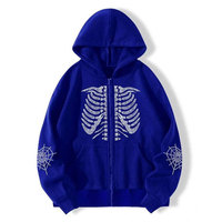 Sudadera con Capucha de Forro Polar Azul con Diseño de Esqueleto, Tela de Araña y Estrías, Estilo Urbano, Oversize, Unisex, Invierno, Secado Rápido