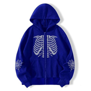 Sweat à capuche polaire bleu squelette avec strass, motif toile d'araignée et poitrine de chien, streetwear oversize unisexe, hiver, séchage rapide - Product Image 1