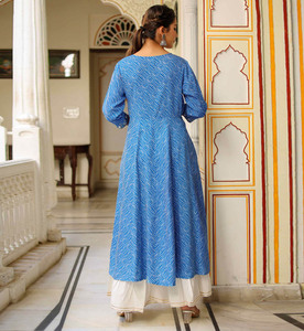 Rayon Leheriya Printed Angrakha Anarkali <b>Kurta</b> and Sleeveless Short Kurti Notch Neck Knee Length Ethnic <b>Women</b> Summer 100% Cotton - Product Image 3