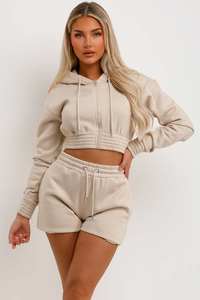 Sudadera con capucha corta de felpa francesa de manga corta para mujer, de moda, con 2 bolsillos laterales, cinturón, pantalones cortos de cintura baja, ajuste regular, ropa deportiva. - Product Image 6