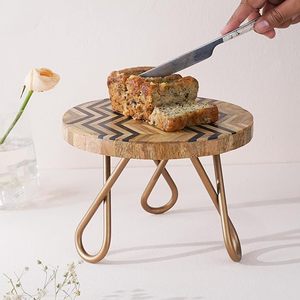 Wood Tabletop <b>Cake</b> <b>Stand</b> Round Dessert Display Rack Gold Metal Legs Bakery Counter Holder - Product Image 3