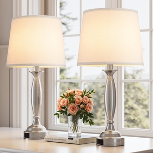 Elegant design Brushed Silver <b>Table</b> Lamp Set of 2 Modern <b>Bedside</b> Nightstand Light <b>USB</b> Charging Port White Fabric Shade Bedroom - Product Image 5