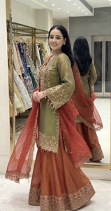 Womens Ethnic Wear Sharara Suit in Glass <b>Silk</b> <b>Fabric</b> with Stylish Kurta Flared Sharara Bottom for Special Occasions - Product Image 2