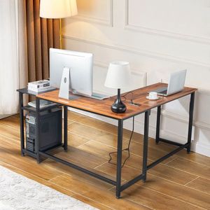 Bureau d'ordinateur en bois de tigre en forme de L, table de jeu convertible avec prises électriques, étagère et tiroir - Product Image 2