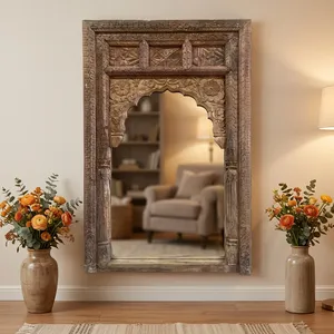 Grand miroir mural décoratif Jharokha en bois massif sculpté à la main avec motif floral, idéal pour hôtel, ferme, salle de bain, salon - Product Image 6