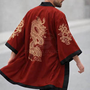Men's <b>Red</b> Chinese Style Sporty Double Breasted Casual <b>Shirt</b> Dragon Print Full Sleeve Cotton/Bamboo Fiber Collarless Autumn Wear - Product Image 4