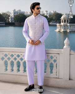 Designer <b>Mens</b> Wear Malai Satin <b>Kurta</b> And Malai Satin Payjama With Jacquard Koti Set - Product Image 5