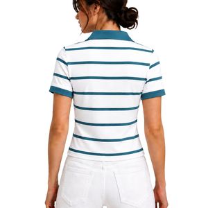 Polo rayé blanc et bleu sarcelle pour femme, manches courtes, col rabattu, coupe ajustée, haut décontracté d'été, fournisseur en gros personnalisé - Product Image 2
