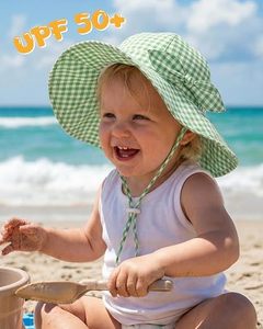<b>Green</b> Checkered Denim Bucket <b>Hat</b> with Bow Adjustable Strap for Adults Four Seasons Casual Wear Unisex - Product Image 2