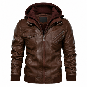 Chaqueta de cuero PU para hombre, estilo motociclista, talla grande, con capucha, transpirable, con cremallera, para otoño, en marrón y negro, venta al por mayor de fábrica. - Product Image 1