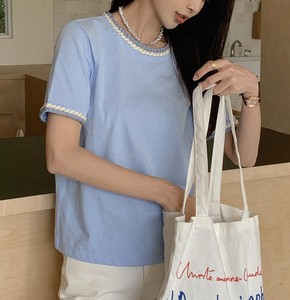 Camiseta Azul Claro con Detalles Trenzados, Logotipo Bordado Personalizado, Camiseta de Mujer, DTG, Manga Corta, Informal, Verano, Tejido de Punto, Ribete en Contraste - Product Image 5