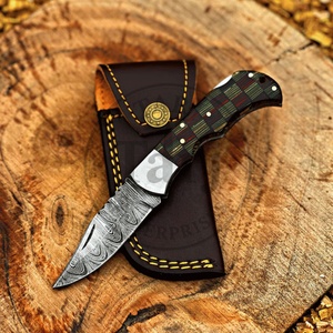 Couteau pliant artisanal Damas à pointe droite, manche en bois personnalisé, pochette en cuir pour chasse, vente en gros, fournisseur OEM EDC - Product Image 1