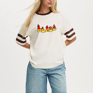 Top Trending Women's Cream <b>Flame</b> Logo T-<b>Shirt</b> Short Sleeve Crew Neck 100% Cotton Jersey Loose Fit Casual Spring Summer Style - Product Image 1