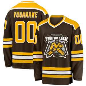 Camiseta de Hockey sobre Hielo Personalizada para Hombre, Marrón y Amarillo, Cuello en V, Manga Larga, Tela de Malla, Impresión de Logotipo Personalizado, Transpirable - Product Image 5