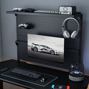 Single Monitor Stand & Clamp-On Desk <b>Pegboard</b> 43x35 Inch Steel Organizer with Movable Panel & <b>Hooks</b> for Gaming - Product Image 2