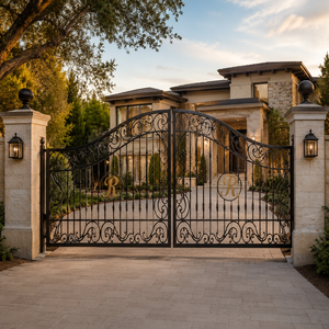 Luxury Wrought Iron Driveway <b>Gate</b> <b>Arched</b> Scroll Metal Entrance <b>Gate</b> Villa Mansion Outdoor Security Design with Gold Accent - Product Image 3
