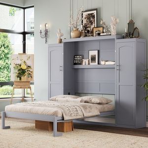 Multifunctional Full-Size Wooden Murphy <b>Bed</b> <b>with</b> 2 Wardrobe <b>Storage</b> Shelf Foldable <b>Platform</b> Bedframe by Gu - Product Image 1