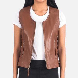Chaleco de cuero sintético marrón para mujer, estilo motociclista, sin mangas, con cremallera frontal, cordones laterales, cuello redondo, proveedor OEM/ODM de cuero premium - Product Image 6