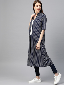 Women's Rayon Stripe Printed Long <b>Shrug</b> Blue Half Sleeves Shirt Collar Open Front Casual Layering Fashion <b>Shrug</b> For Women's - Product Image 2